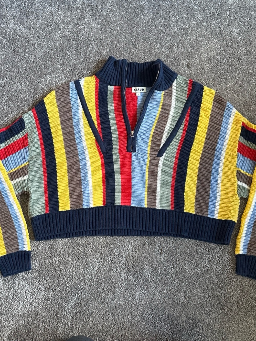 STAUD Multi-Color Striped Knit Half-Zip Sweater L